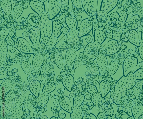 Cactus hand drawn vector seamless pattern. Creative texture Doodle style. Isolated vector object. Exotic Prickly Pear. For wrapping paper, textile, background, fabric. photo