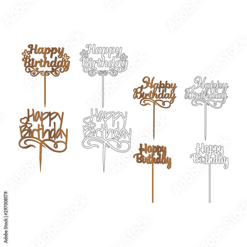 Set of sign 'Happy birthday' cake toppers for laser or milling cut. Cut for decoration design. Happy birthday topper. Holiday greeting. Elegant decoration. Laser cut. Isolated design element. photo