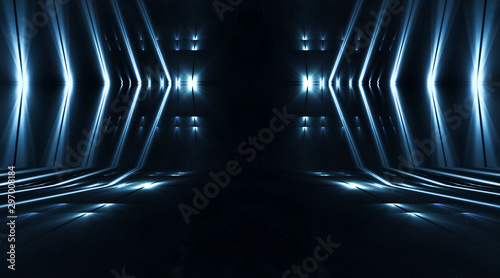 Fototapeta Naklejka Na Ścianę i Meble -  Dark abstract background, neon blue light. Empty dark scene with spotlights. Blue background with rays, light lines.