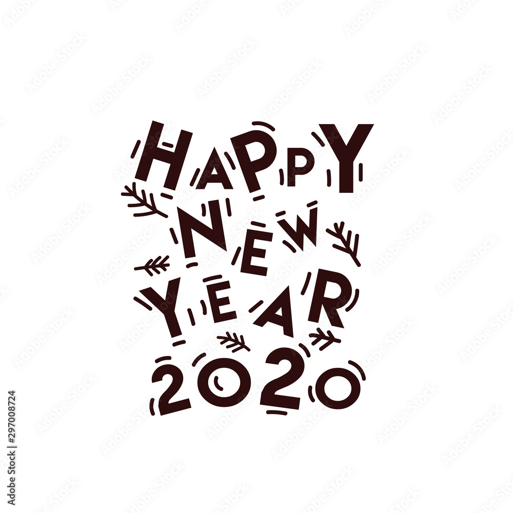 Happy New Year 2020. Vector greeting card. Dark red lettering.