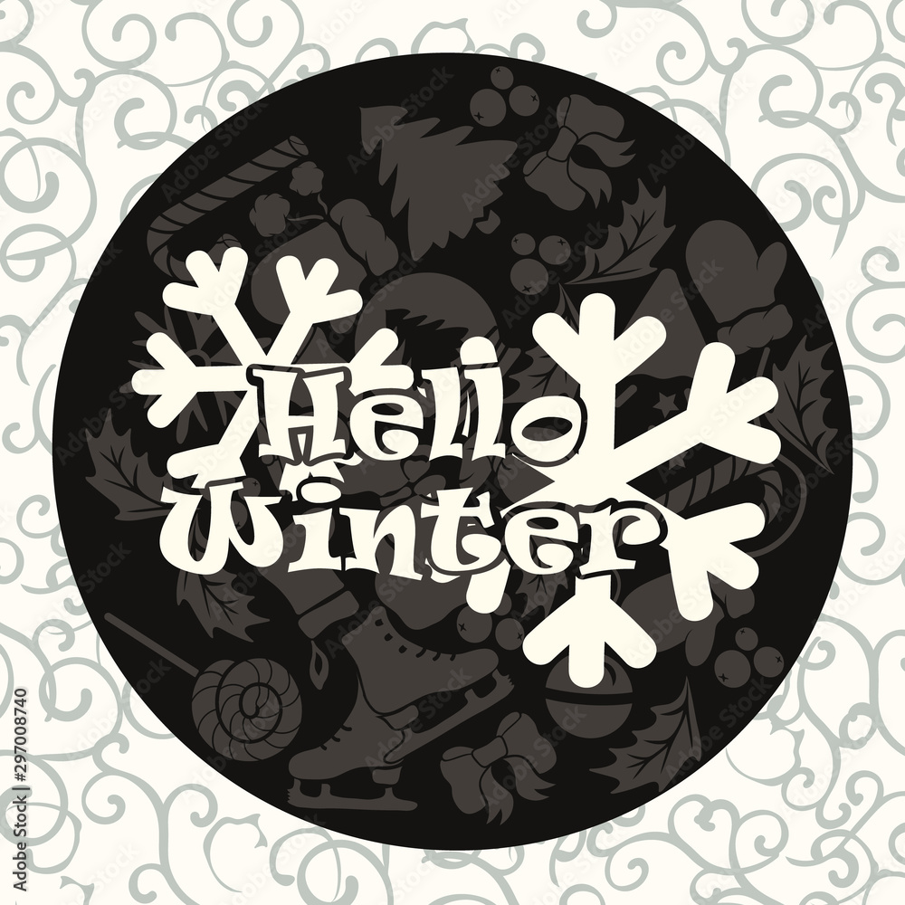 Hello Winter handwritten calligraphy vector inscription on dark background with snowflakes and Christmas elements. Hand drawn lettering winter inspiration phrase. Winter logo and emblem greeting card. Hello Winter handwritten calligraphy vector inscription on dark background with snowflakes and Christmas elements. Hand drawn lettering winter inspiration phrase. Winter logo and emblem greeting card.