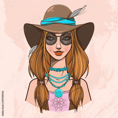 Portrait of a beautiful young woman in a wide-brimmed hat and sunglasses. Fashionable girl on the cover of a magazine or cosmetic advertising