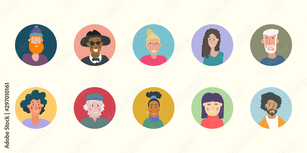 Collection of portraits of various ethnic people. Smiling human icon. Human avatar. Simple cute characters. Cute friendly people. Flat cartoon vector illustration. - Vector Collection of portraits of various ethnic people. Smiling human icon. Human avatar. Simple cute characters. Cute friendly people. Flat cartoon vector illustration. - Vector