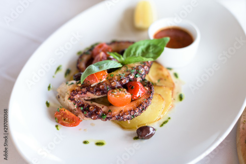 Grilled Octopus with Roasted Vegetables and Olives on White Plate.
