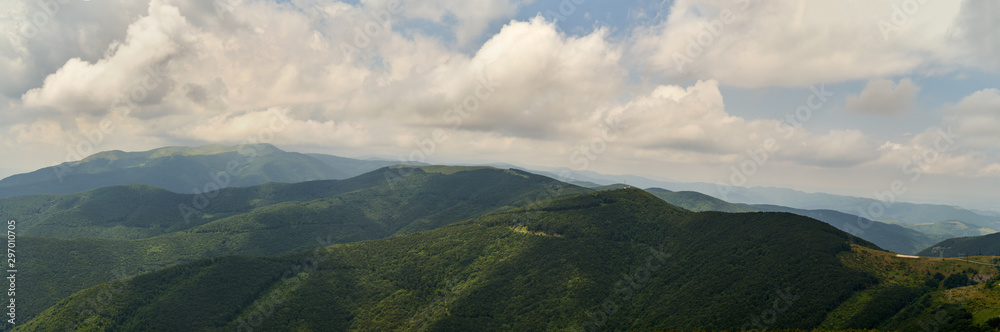Shipka Pass - a scenic mountain pass through the Balkan Mountains in Bulgaria. Panoramic view.