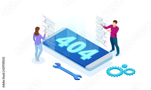 Isometric error 404 page layout vector design. The page you requested could not be found. Website 404 page creative concept. Website under construction page.