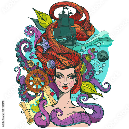 Girl with long hair. Portrait of a young woman. Face and make-up. Fabulous sea princess. Mermaid. Illustration for a tattoo, sticker, design, t-shirts and other items.