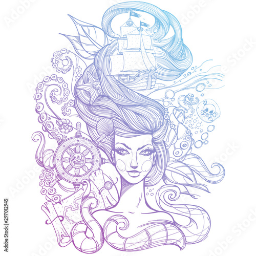Girl with long hair outline sketch. Portrait of a young woman. Face and make-up. Fabulous sea princess. Mermaid. Monochrome illustration for tattoos, stickers, t-shirt and other items.