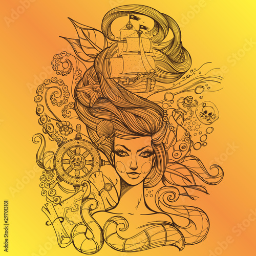 Girl with long hair outline drawing on a yellow background. Portrait of a young woman. Face and make-up. Fabulous sea princess. Mermaid. Design for tattoos, stickers, t-shirt and other items.
