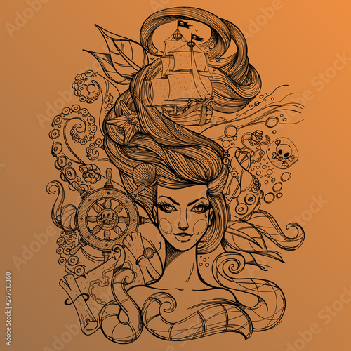 Girl with long hair outline drawing on a beige background. Portrait of a young woman. Face and make-up. Fabulous sea princess. Mermaid. Design for tattoos, stickers, t-shirt.