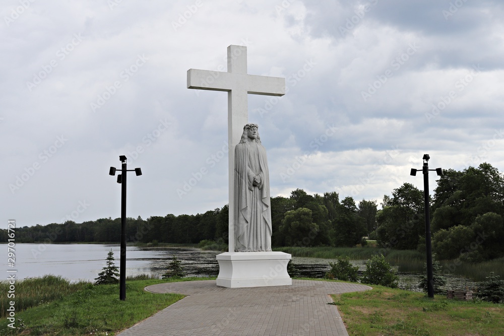 Christ at the cross in the Aglona Basilica Catholic church and monument of Vilno baroque. Aglona, Latvia, July 19, 2019