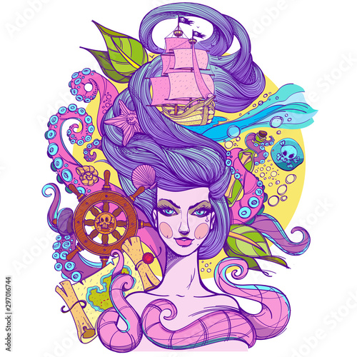 Girl with long hair illustration in acid colors. Portrait of a young woman. Face and make-up. Fabulous sea princess. Mermaid. Sketch of tattoo stickers, design T-shirts and other items