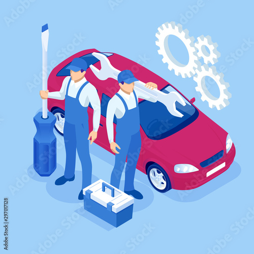 Isometric Car Maintenance Vehicles Diagnostics and Repair Service. Car service Car Engine.