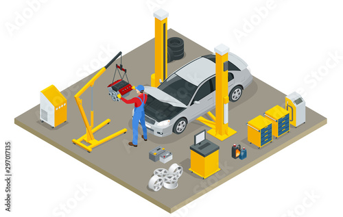 Isometric Car Maintenance Vehicles Diagnostics and Repair Service. Car service Car Engine.