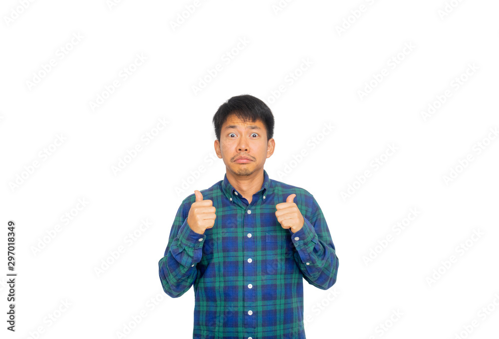 An Asian man in blue plaid shirt shows thumbs up to his backside and sulks his mouth in the same time. An Asian man in blue plaid shirt shows thumbs up to his backside and sulks his mouth in the same time.