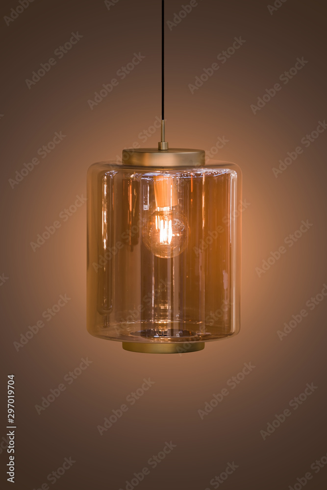 Gold cylindrical chandelier, modern glass transparent pendant lamp, isolate