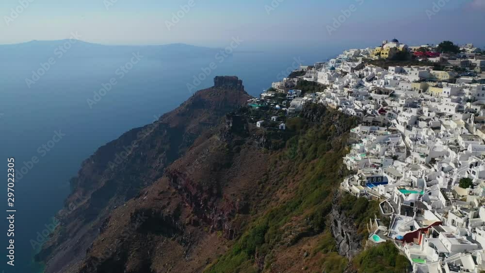 Aerial view video of famous village of Firostefani next to Fira and Imerovigli, Santorini island, Cyclades, Greece