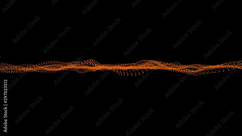 3D futuristic wave plexus orange dot particles in black space - point moving particles background concept