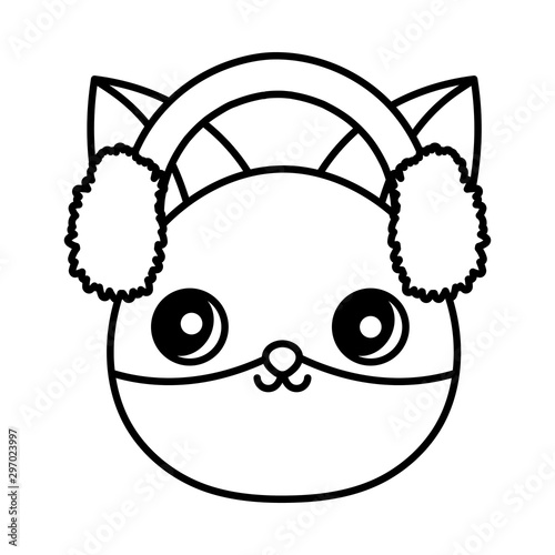 cute fox with ear muffs face merry christmas thick line