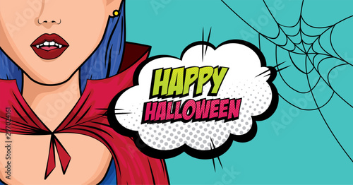 face woman disguised of vampire with cloud and spiderweb style pop art design