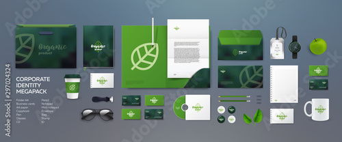 Download Stationery Mockup Vector Megapack Set Corporate Branding Identity Natural Organic Eco Design Template For Vegan Flower Shop Or Nature Company Folder And A4 Letter Visiting Card And Envelope Stock Vector Adobe