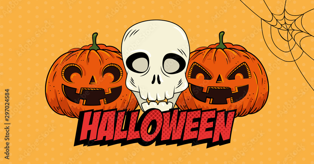 halloween pumpkins with skull pop art style vector illustration design halloween pumpkins with skull pop art style vector illustration design