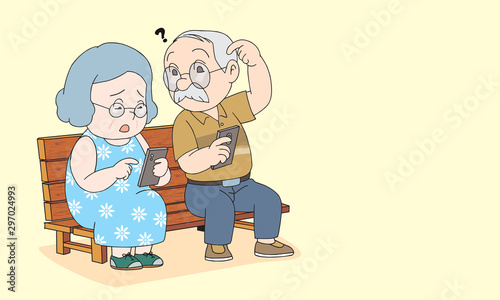 senior couple using and confuse about smartphone.  technology, age and people concept. vector illustration isolated cartoon hand drawn background
