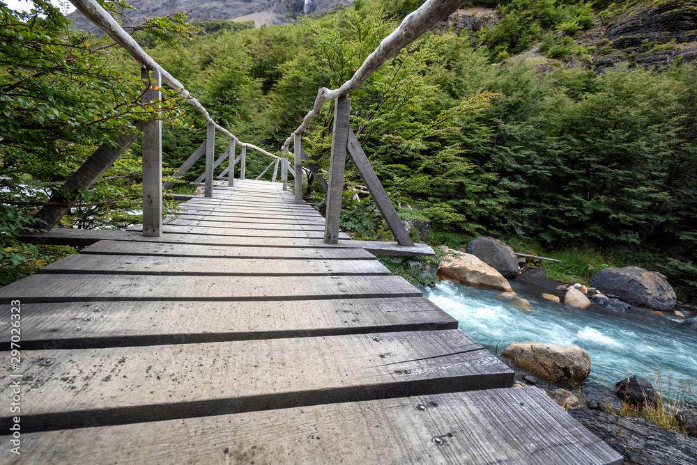 Φωτογραφία Pedestrian bridge on trail to the base of Torres del Paine towers in Chile's mos