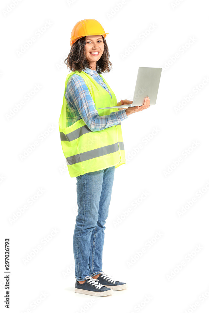 Portrait of female architect with laptop on white background Portrait of female architect with laptop on white background