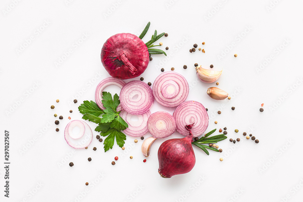Fresh raw onions with spices on white background - obrazy, fototapety, plakaty 
