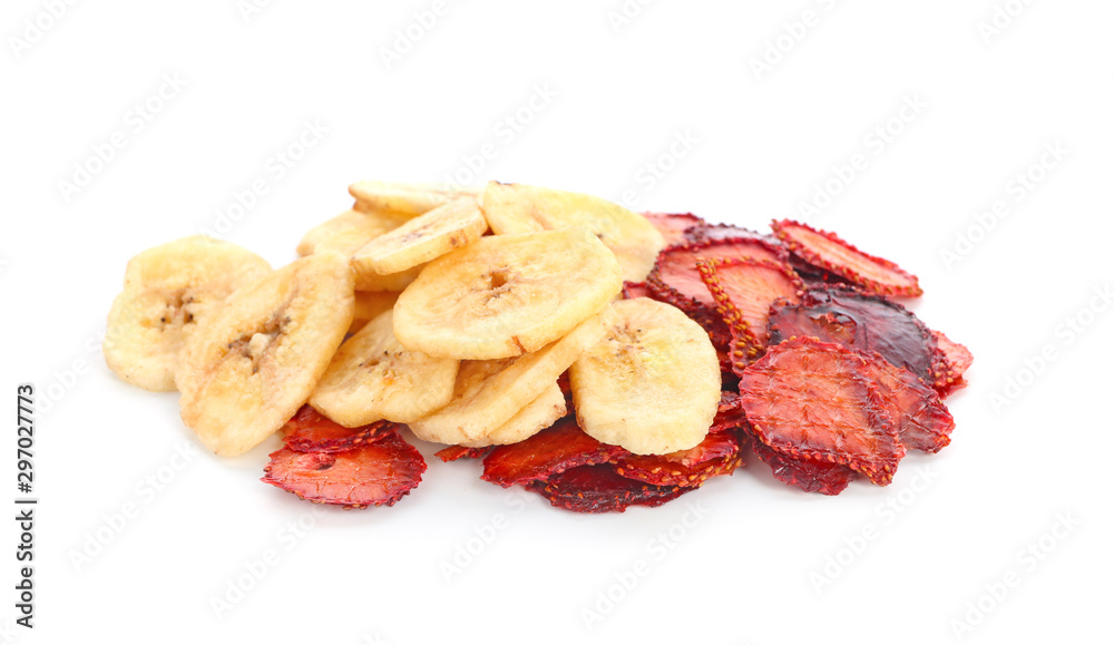 Different dried fruits on white background