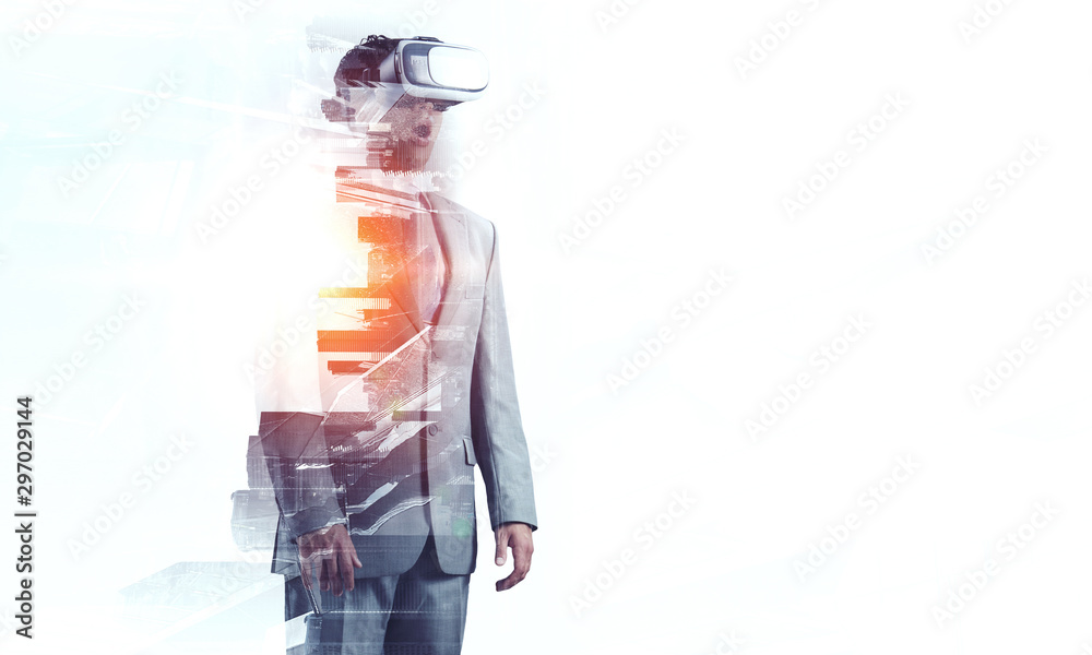 Businessman in virtual mask. Mixed media Businessman in virtual mask. Mixed media