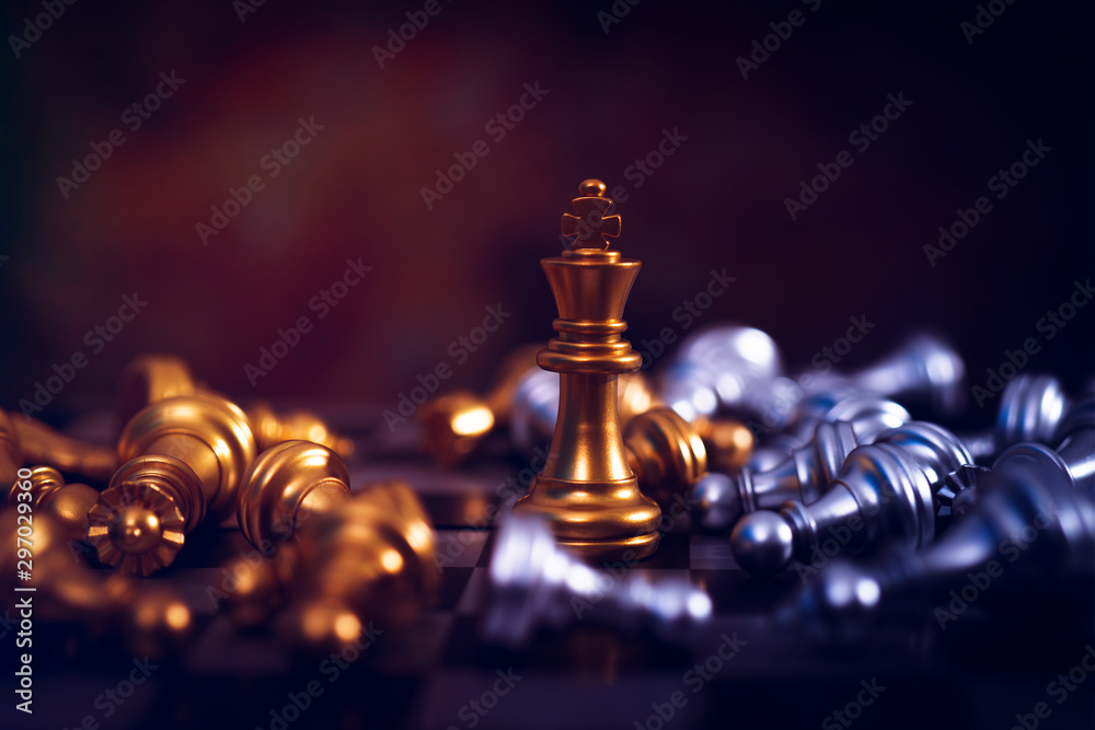 winner of chess game board, golden victory king win in successful business competition