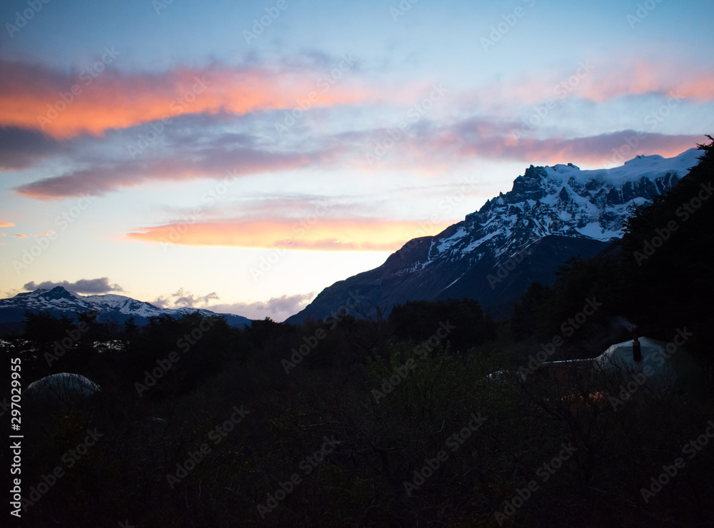 Sunset at Cuernos Campsite In Torres del Paine National Park, Patagonia Chile
