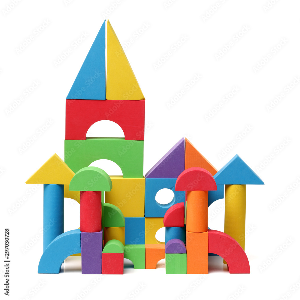 The toy castle from color blocks isolated on a white background  - obrazy, fototapety, plakaty 