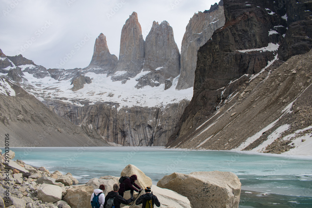 Fototapeta premium Los Torres, The Towers Base with aqua water Torres del Paine National Park, Patagonia Chile