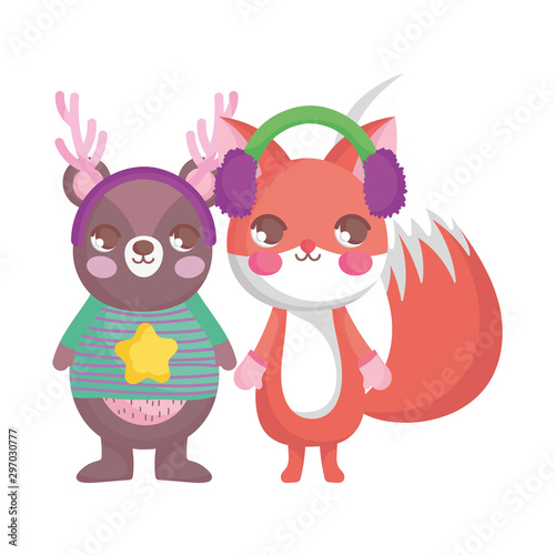 cute bear and fox with ear muffs merry christmas