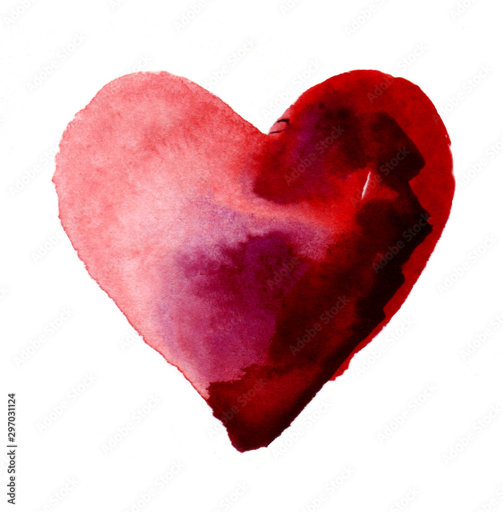 Hand drawn Illustration of red, pink watercolor heart. Bright love symbol isolated on white background. Painting for fabric, card background design, valentine invitation, print. 