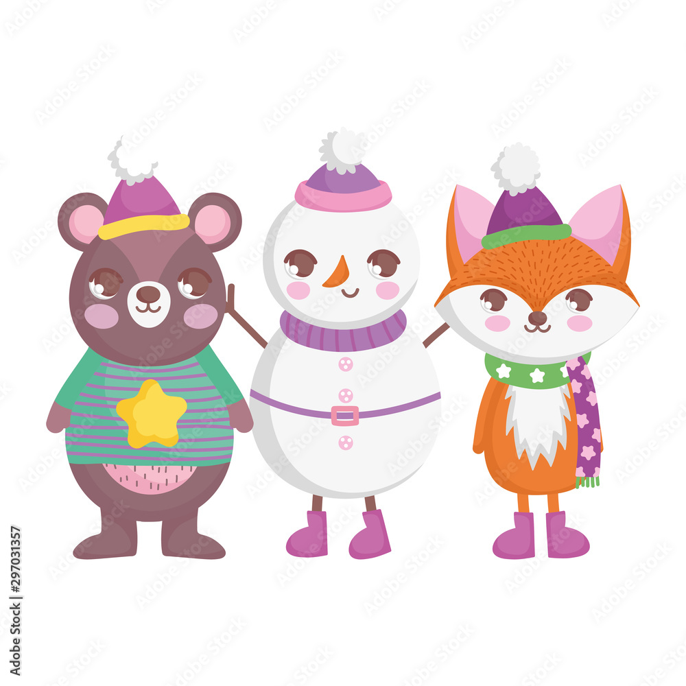 bear fox and snowman with hats and scarf merry christmas