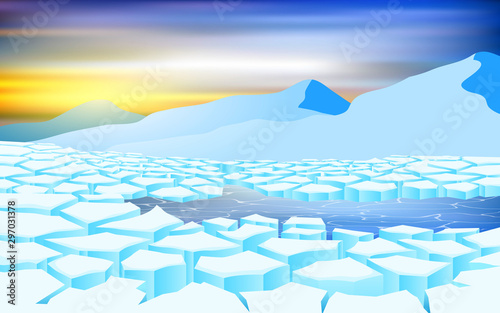 landscape of glacier at the geographic pole in sunset