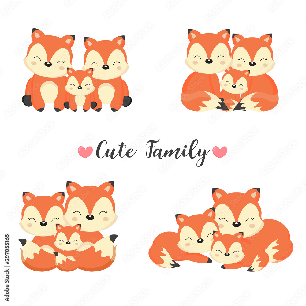 Happy animal family. Dad, mom, baby foxes cartoon. 