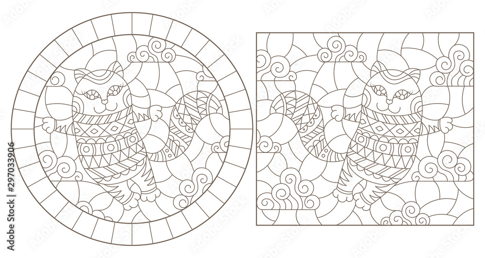 Obraz premium Set of contour illustrations of stained glass Windows with cute cartoon cats on a cloud background, dark contours on a white background