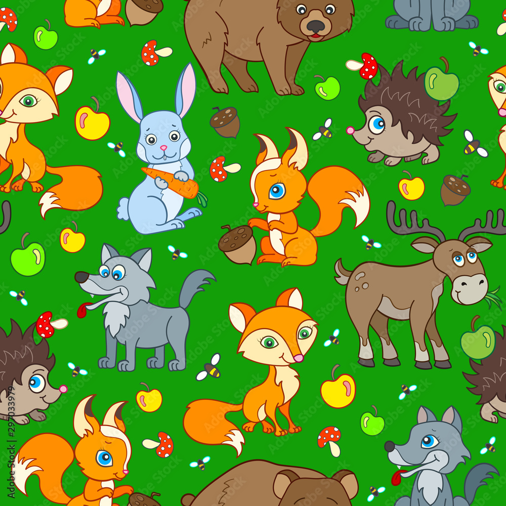 Naklejka premium Seamless pattern with cartoon forest animals, bright beasts on a green background