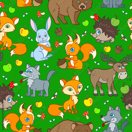 Seamless pattern with cartoon forest animals  bright beasts on a green background
