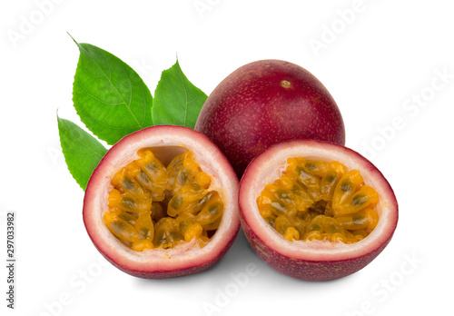 passion fruit with leaf isolated on white background