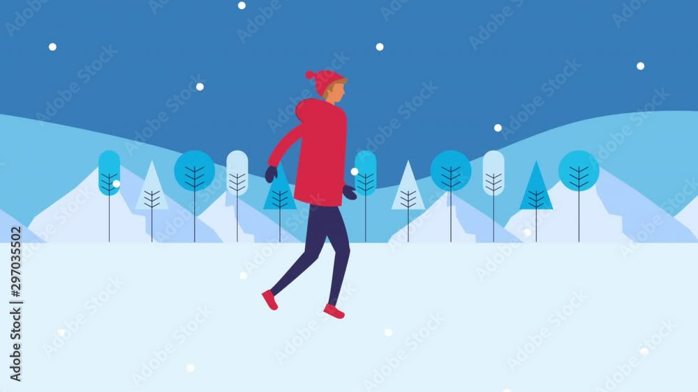 young man walking in snowscape young man walking in snowscape