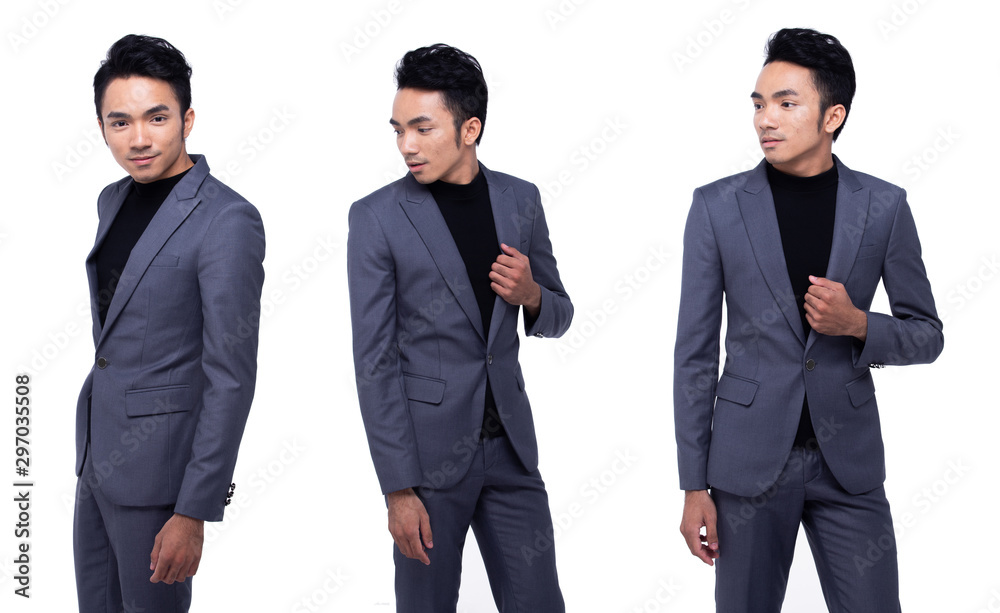Portrait Snap Figure, Asian Business Man keep arms hands in dark Black proper Suit pants and shoes, studio lighting white background isolated, Tanned Male Model pose many act, collage group pack