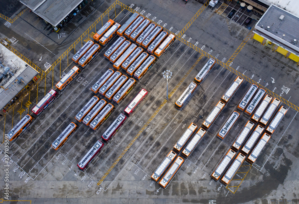 Urban bus parking lot in city Urban bus parking lot in city