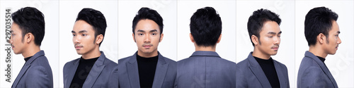 Portrait Face of Asian Business Man turn around in dark Black proper Suit pants and shoes, studio lighting white background isolated, Tanned Male Model pose many act, collage group pack 360