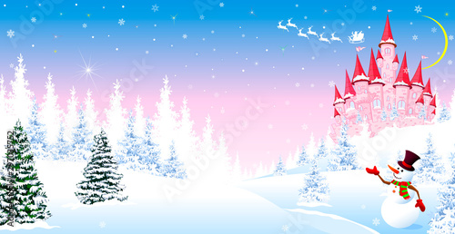 Fairytale castle of the princess on the background of the winter forest 1. Cartoon pink castle on a background of a winter snowy forest. Winter night landscape with a pink castle. Snowman is greeting.